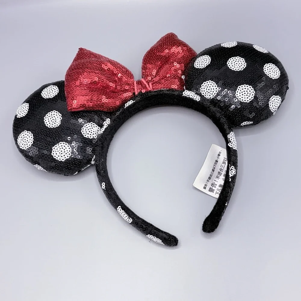 Disney Parks Minnie Mouse Sequined Black White Polka Dot Red Bow Ears Headband